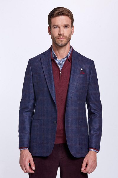 Hemington Cashmere Blended Plaid Patterned Navy Blue Jacket