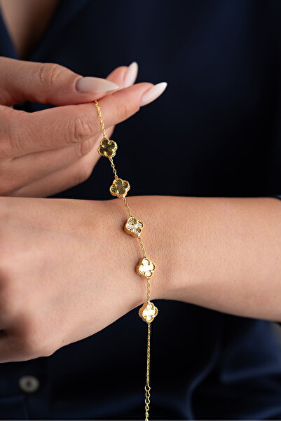 EDSA Silver 925 Ayar Gümüş Gold Yonca Bileklik