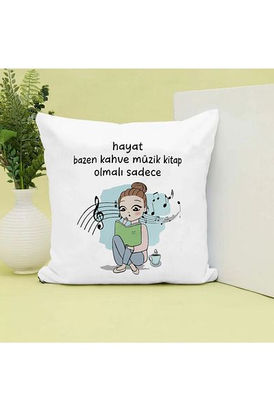 Özgü Art Life Coffee Music Book with Only Written Printed Gift Pillow