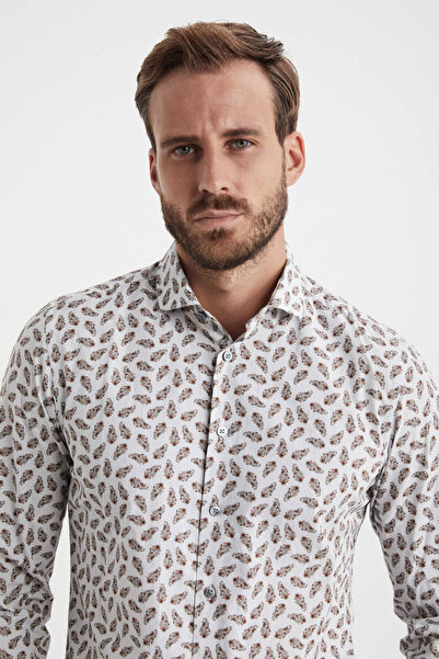 Hemington Şal Desenli Beyaz-Kırmızı Saf Pamuk Gömlek