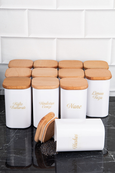 DNS HOME Pack of 12 300 ml Vacuumed Bamboo Wooden Lid Porcelain Look Acrylic Spice Rack with Label Gift