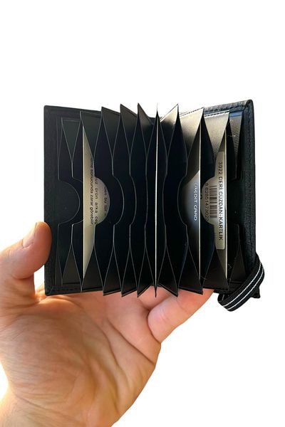 Süzer Deri 100% Genuine Leather Unisex Black Elastic Vertical Card Holder