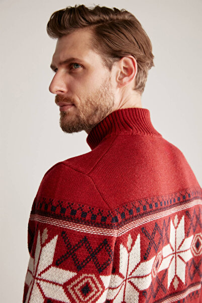 Hemington Snow Pattern Half Turtleneck Lambswool Burgundy Sweater