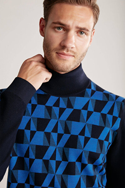 Hemington Patterned Navy Blue Turtleneck Collar Merino Wool Knitwear