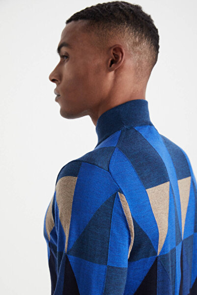 Hemington Patterned Navy Blue-Camel Half Turtleneck Merino Wool Sweater