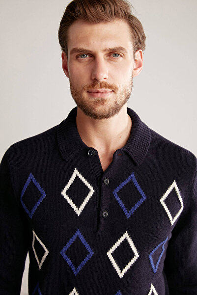 Hemington Baklava Desen Polo Yaka Lambswool Lacivert Kazak