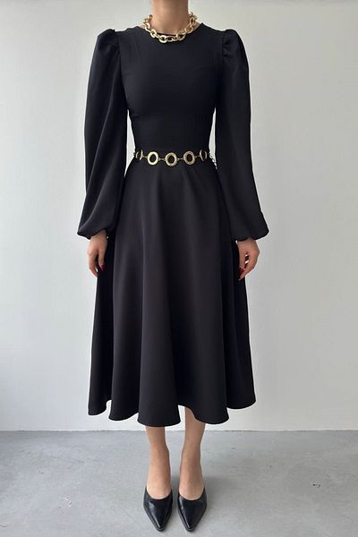 bayansepeti Rochie midi evazată cu mânecă prințesă, țesătură Atlas neagră, decolteu, 280