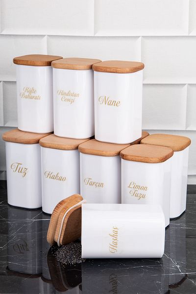 DNS HOME Pack of 12 300 ml Vacuumed Bamboo Wooden Lid Porcelain Look Acrylic Spice Rack with Label Gift