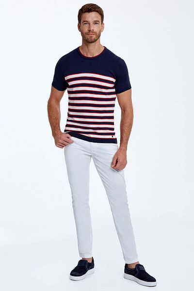 Hemington White Line Print Crew Neck Navy Blue Knitwear T-Shirt