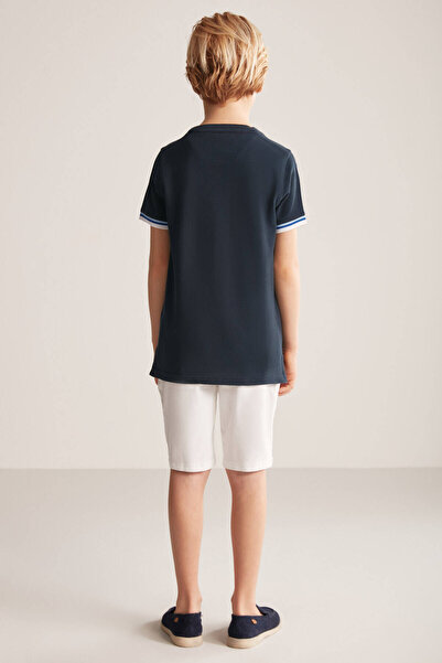 Hemington Embroidered Logo Pique Knit Crew Neck Navy Blue Children's T-Shirt