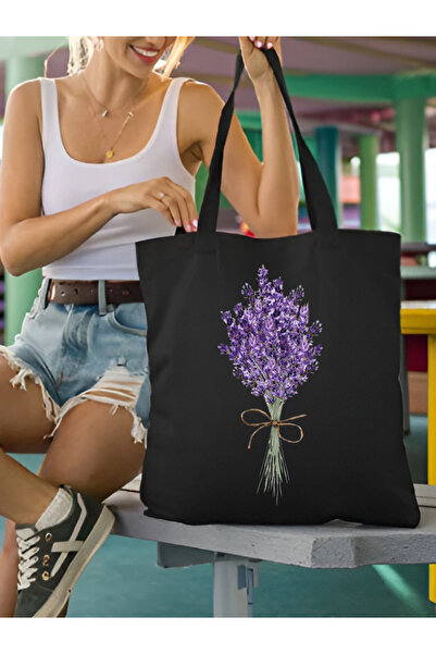 Cemira تصميم Lavanda - حقيبة كتف من القماش الأسود، حقيبة تسوق، حقيبة Pinterest