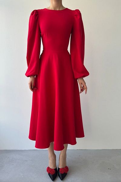 bayansepeti Red Atlas Fabric kerékpáros nyakú hercegnő ujjú, kiszélesedő midi ruha 280