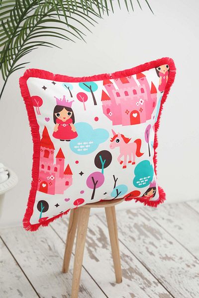 Aisha's Design Pink Princess Baby Themed Children's Throw Pillow Cover with Fringed Edges 45X45 Cm,K-407