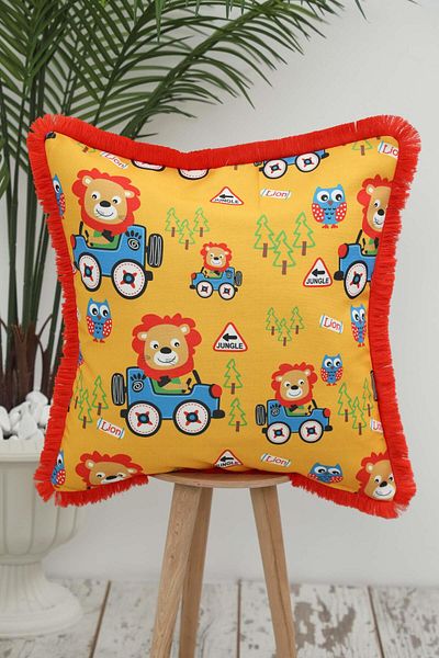 Aisha's Design 45X45 cm Fringed Lion and Owl Themed Children's Throw Pillow Cover - K-407