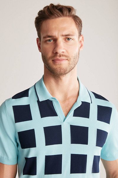 Hemington Square Patterned Giza Cotton Blue Knitwear Polo