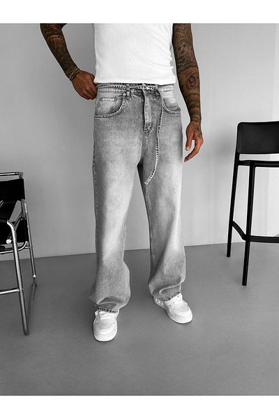 ablukaonline Γκρι ανδρικό τζιν παντελόνι Super Baggy με ζώνη