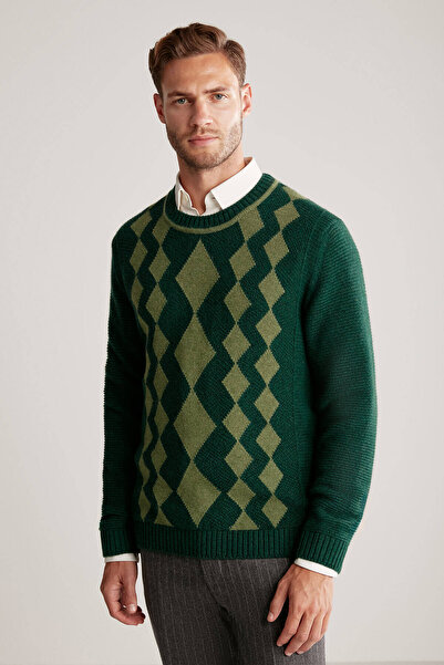 Hemington Baklava Desen Saf Kaşmir Koyu Yeşil Kazak