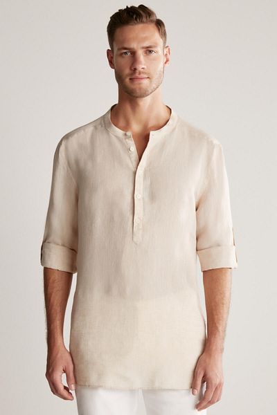 Hemington Pure Linen Sand Color Judge Collar Shirt