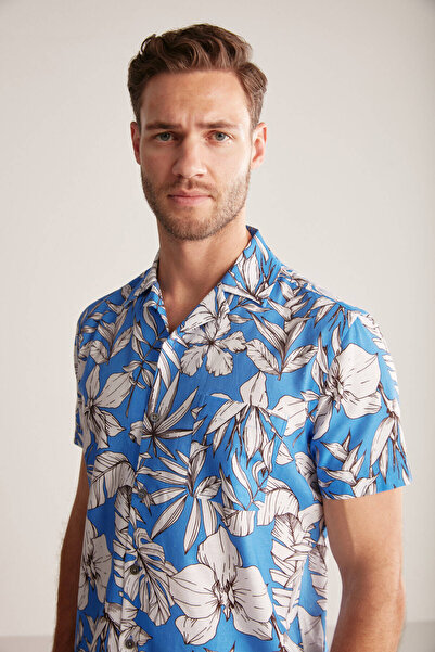 Hemington Flower Pattern Linen Cotton Blend Blue Shirt