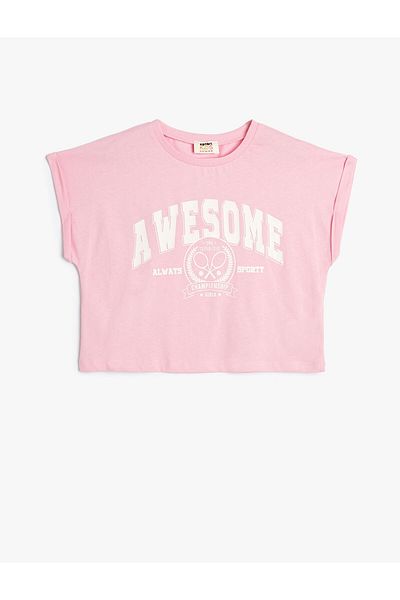 Koton Crop T-Shirt Slogan Printed Short Sleeve Crew Neck Cotton
