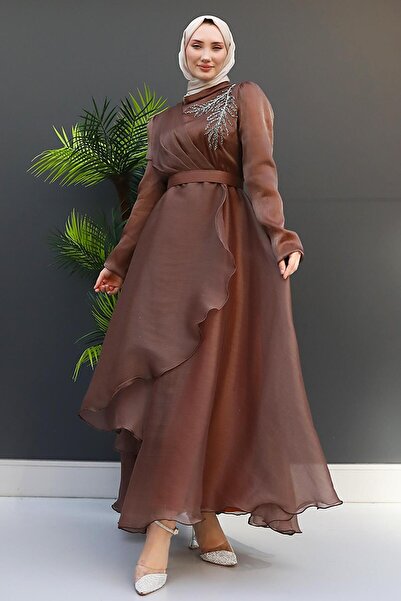 GİZ AGİYİM Βραδινό φόρεμα Organza με λεπτομέρεια ανοιχτό καφέ πέτρα