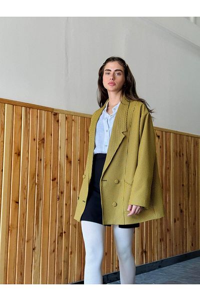 Retrobird Yellow Plaid Oversize Jacket - 90S Retro Model Houndstooth, Women's