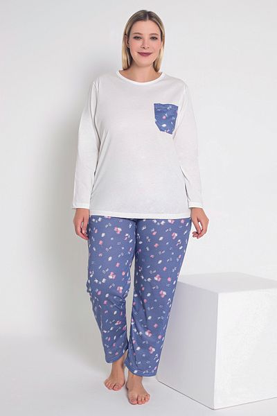 MyBen Set de pijamale cu mânecă lungă cu imprimeu floral albastru pentru femei - B-52