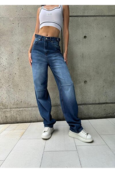 8line Navy Blue Retro Washed Baggy Trousers