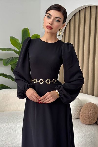 WOMAN VISION Dámské černé Atlas Fabric Crew Neck Princezna Detail rukávu Midi Flared Dress 280