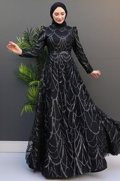 GİZ AGİYİM Black Hijab Evening Dress - Bunch