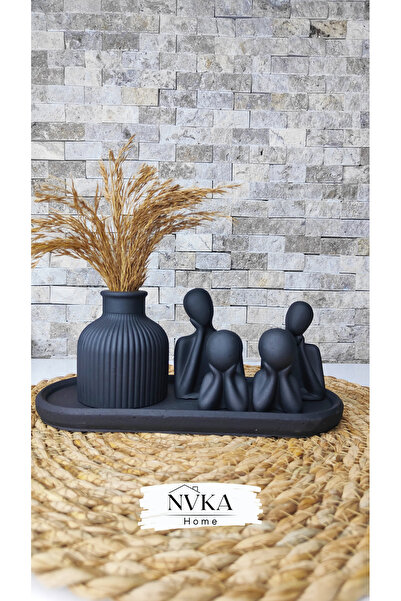 NVKA STORE 6 lı SİYAH set Fitilli Vazo+Aile biblo set+Oval Sunumluk