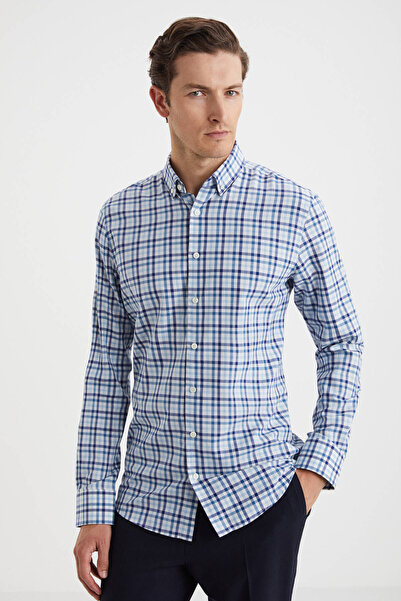 Hemington Kaşmir Pamuk Karışımlı Kare Desenli Lacivert Gömlek