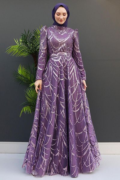 GİZ AGİYİM Dark Lilac Bunch Hijab Evening Dress
