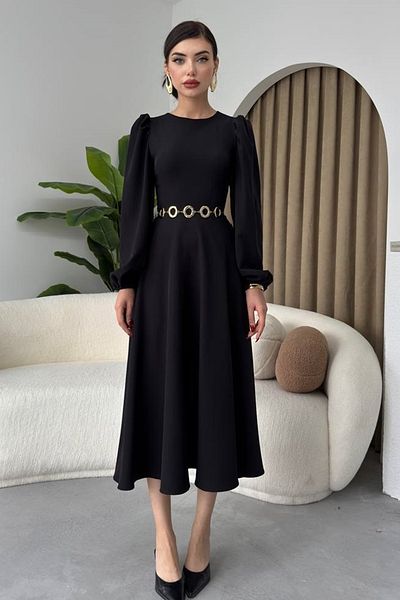 WOMAN VISION Dámské černé Atlas Fabric Crew Neck Princezna Detail rukávu Midi Flared Dress 280