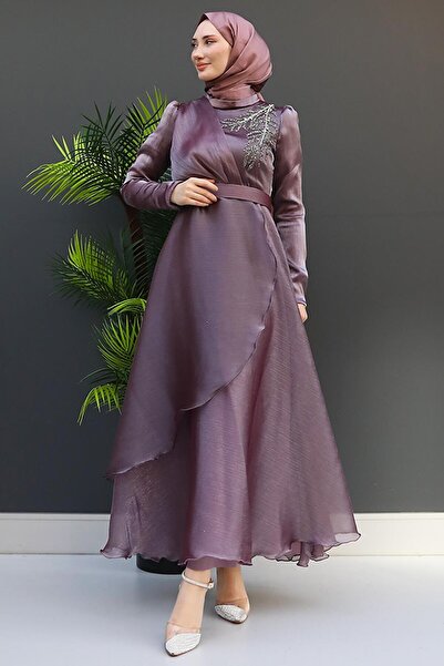 GİZ AGİYİM فستان سهرة من الأورجانزا باللون الليلكي الناعم