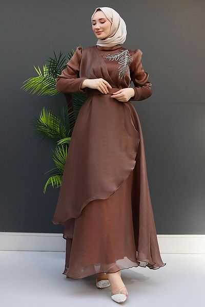 GİZ AGİYİM Βραδινό φόρεμα Organza με λεπτομέρεια ανοιχτό καφέ πέτρα