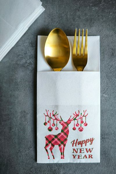 NapkinStore Deer Happy New Year Printed 12 Pieces Premium Napkin - Pockets, Fabric Texture, 40*40 1/8 Fold