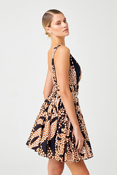 Jus De Pommes DESENLİ DERİN V YAKA VOLANLI MİNİ ELBİSE