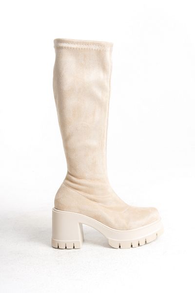 MARSEDO Γυναικείες μπότες Emilly Beige - Χοντρό τακούνι και Stretch φερμουάρ
