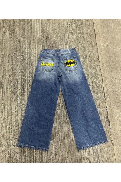 BALİNA Batman Nakışlı Yıkamalı Mavi Kot Pantolon