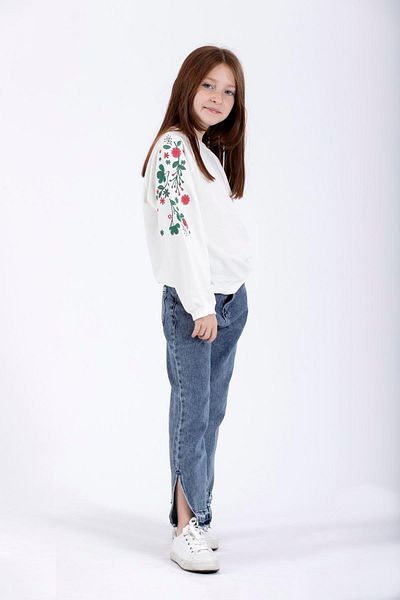 zepkids Crew Neck Long Sleeve Flower Printed Ecru Color Girl's Sweatshirt