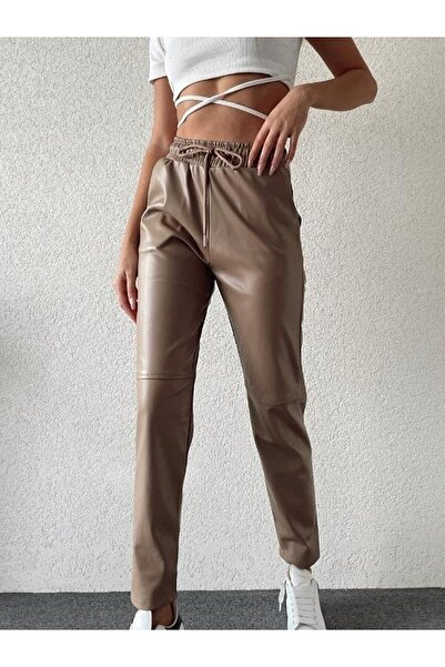 LOS FECHKA Mink Color Leather Pants with Tie Waist
