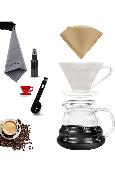 MIBRU V60 7 Pcs Premium Pour Over Manual Coffee Maker With Server 02 Dripper Set&clean Tools&ceramic Drip