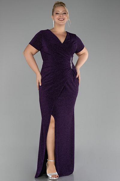Efelif Purple Short Sleeve Glitter Long Plus Size Evening Dress Abu39892