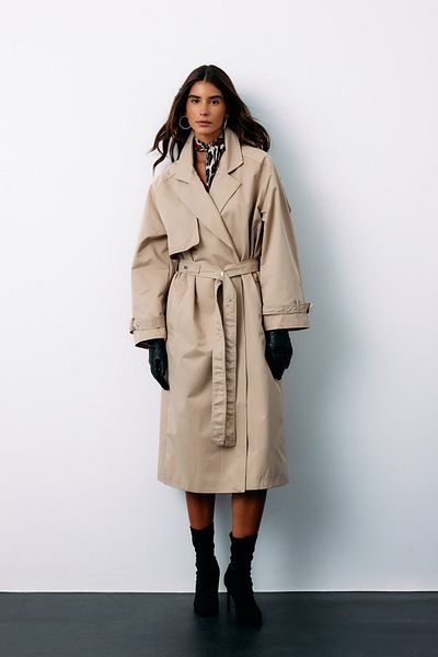 Sateen Beige Colored Long Belted Trench Coat