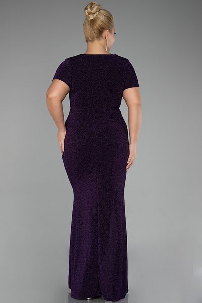 Efelif Purple Short Sleeve Glitter Long Plus Size Evening Dress Abu39892