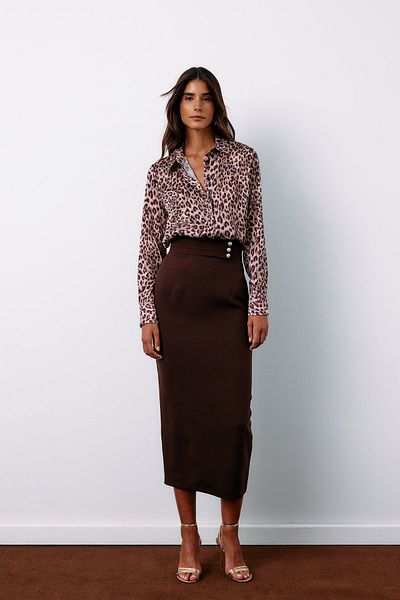 Sateen Button Detailed Midi Skirt - Brown