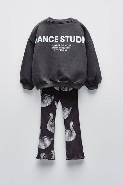 Lolliboomkids New Season Girl's Swan Printed Cotton Sweatshirt and Leggings Set - Black Swan