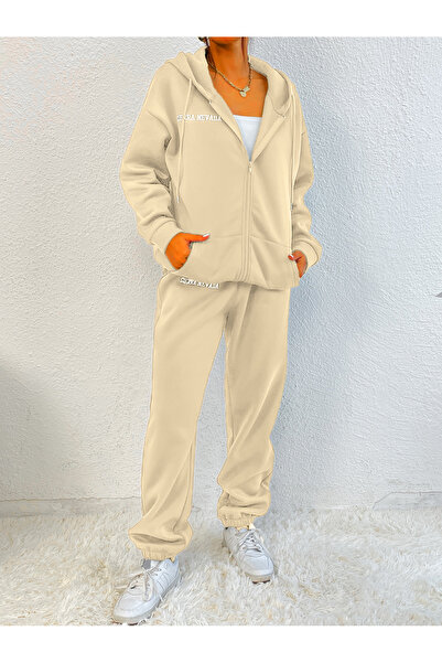 SeusCraft Bej Sierra Nevada Fermuarlı Baskılı Oversize Alt Üst Eşofman Takımı...