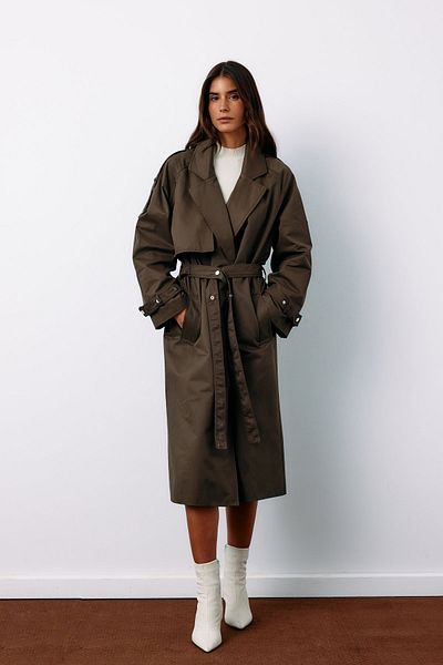 Sateen Long Belted Trench Coat - Khaki
